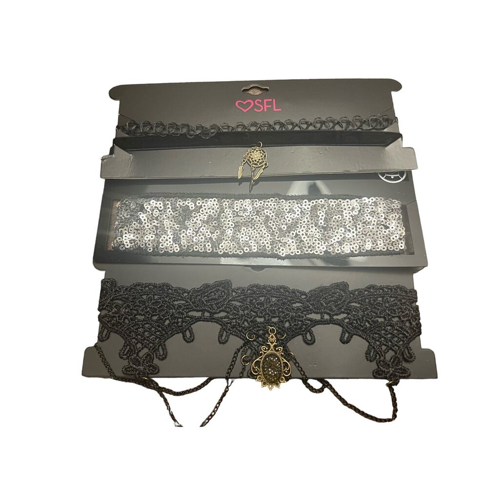 Set of 3 Gothic Choker Necklaces - Lace, Sequin, and Dreamcatcher Charm